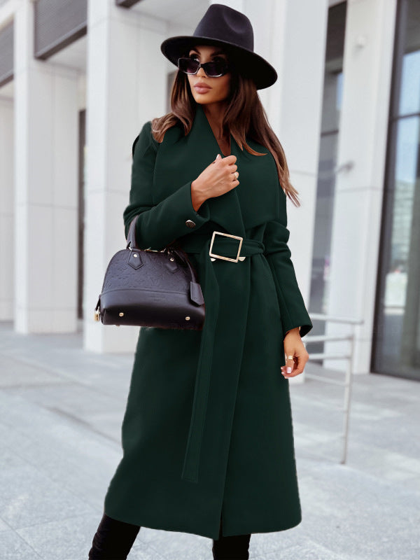 Long-sleeved Buttoned V-neck Strappy Woolen Trench Coats