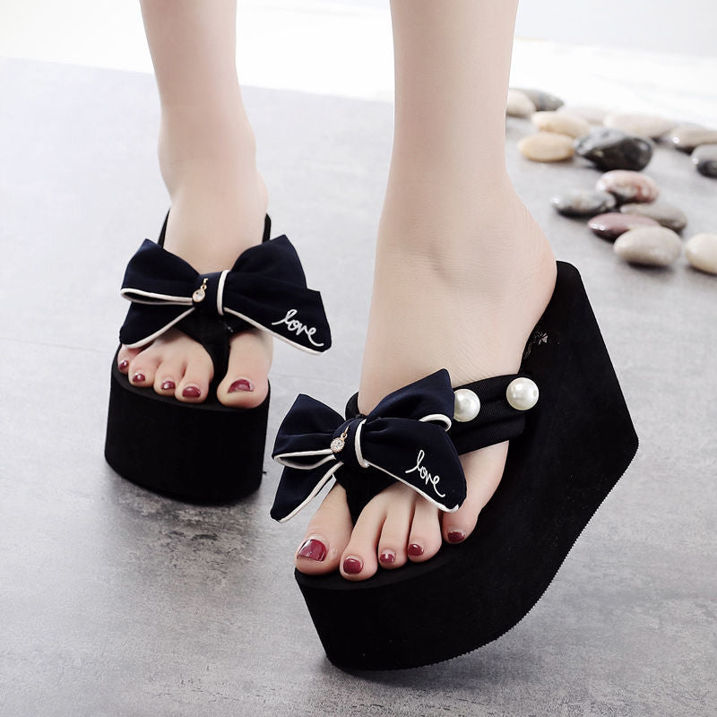 Pearl Strap Bow Design Open Toe Platform Wedge Sandals 