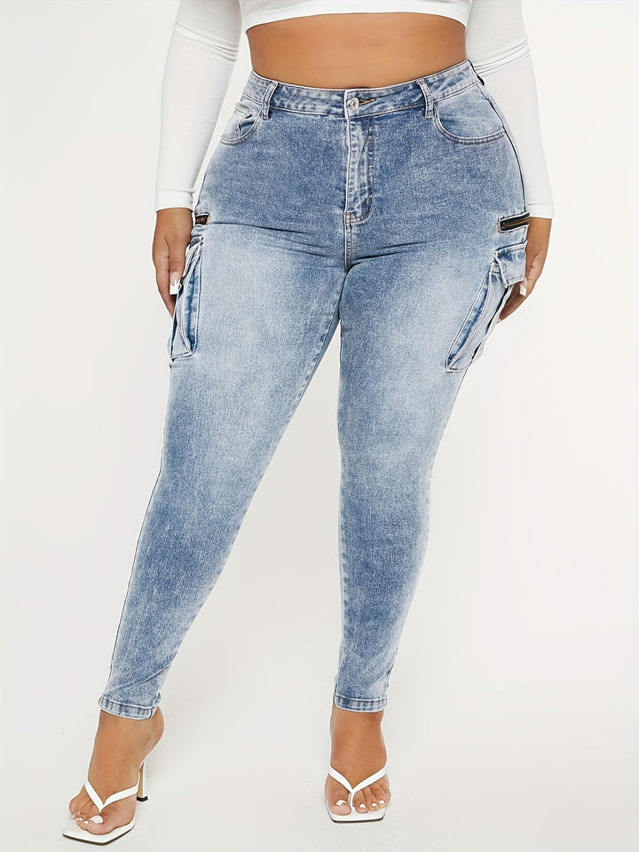 Perfect High Waist Button Fly Washed Cargo Denim Jeans - Gen U Us Products