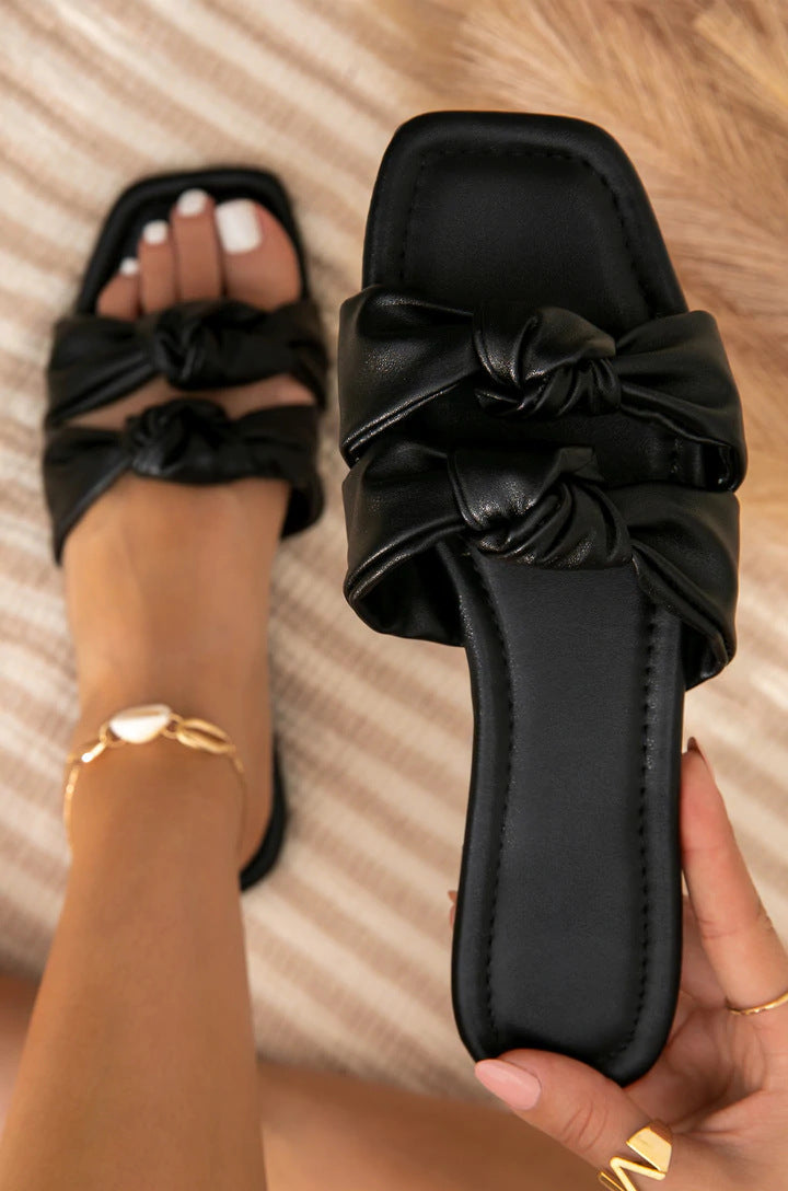 Premium PU Leather Bowknot Peep Toe Leather Sandals 