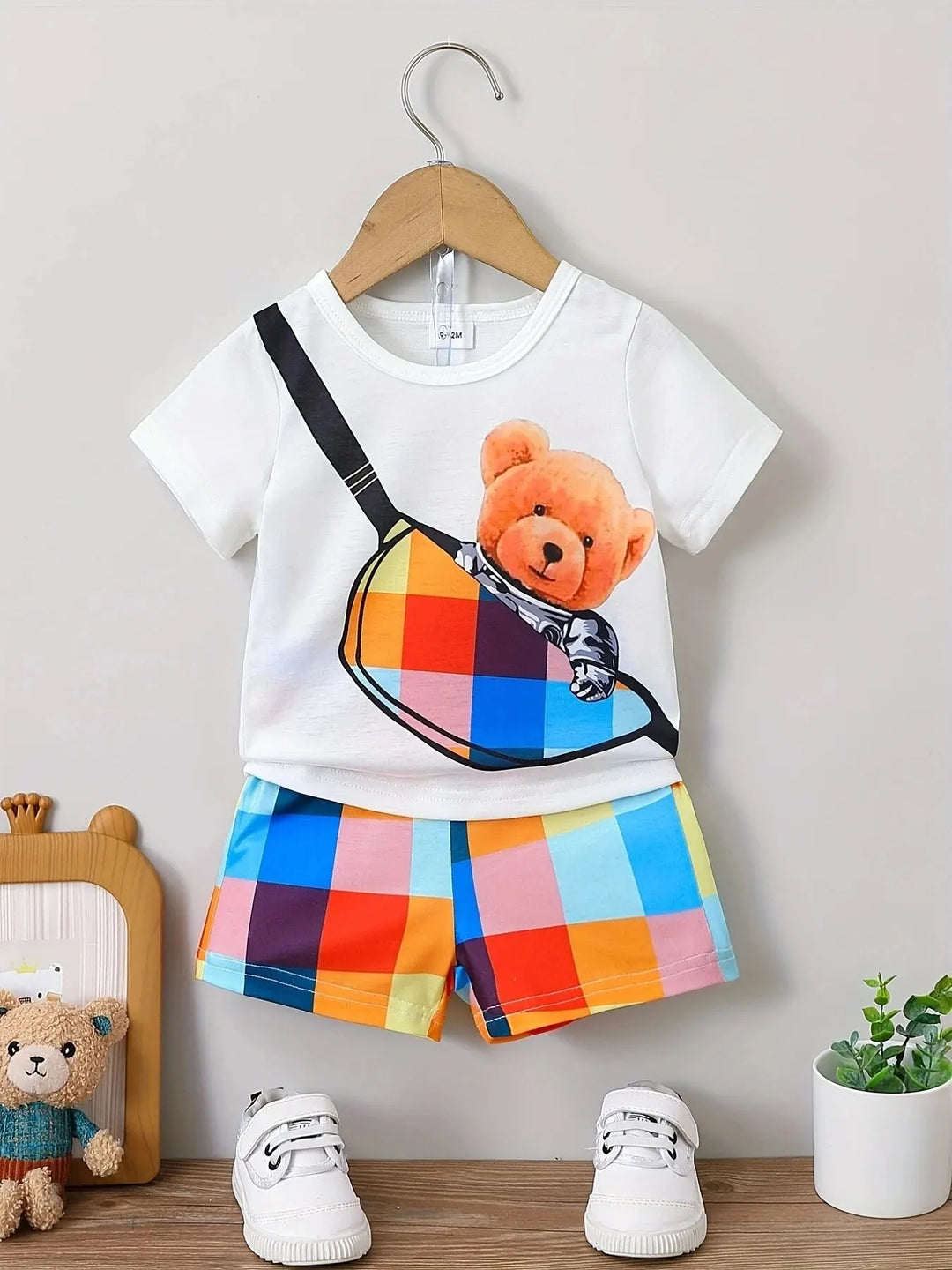 Preppy Cartoon Slant Bag Bear Graphic T-shirt and Plaid Shorts Set - Gen U Us Products