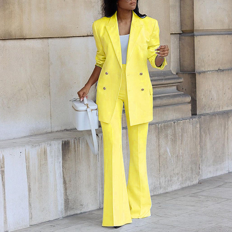 Professional Bold Color Collared Button Blazer & Wide Leg Pants Suits 