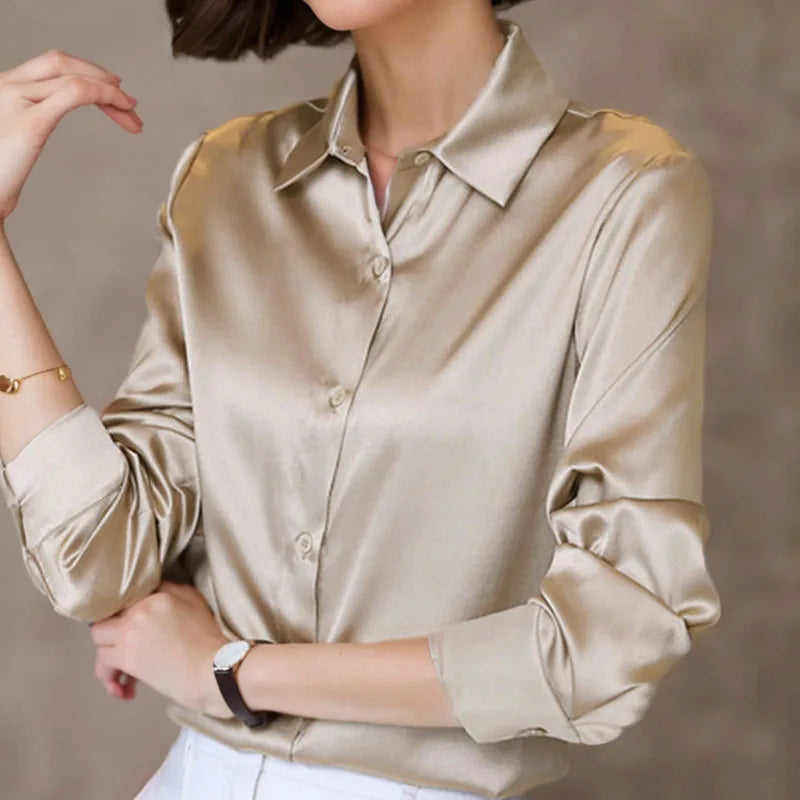 Professional Satin Long Sleeve Button Blouses in Plus Sizes 