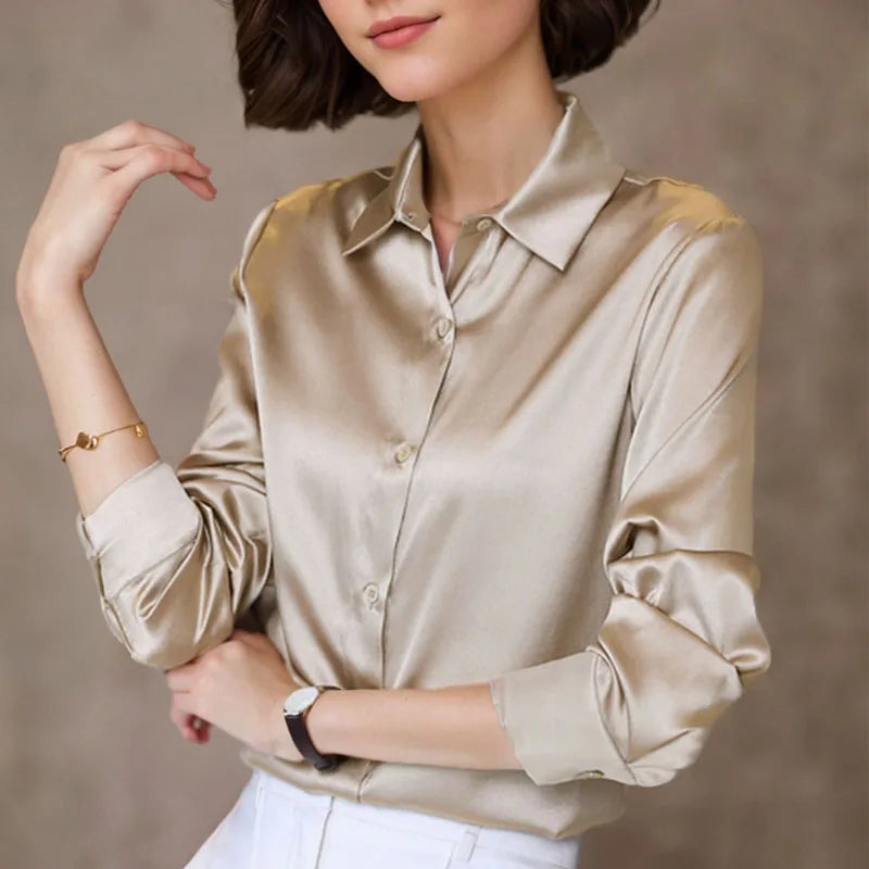 Professional Satin Long Sleeve Button Blouses in Plus Sizes 