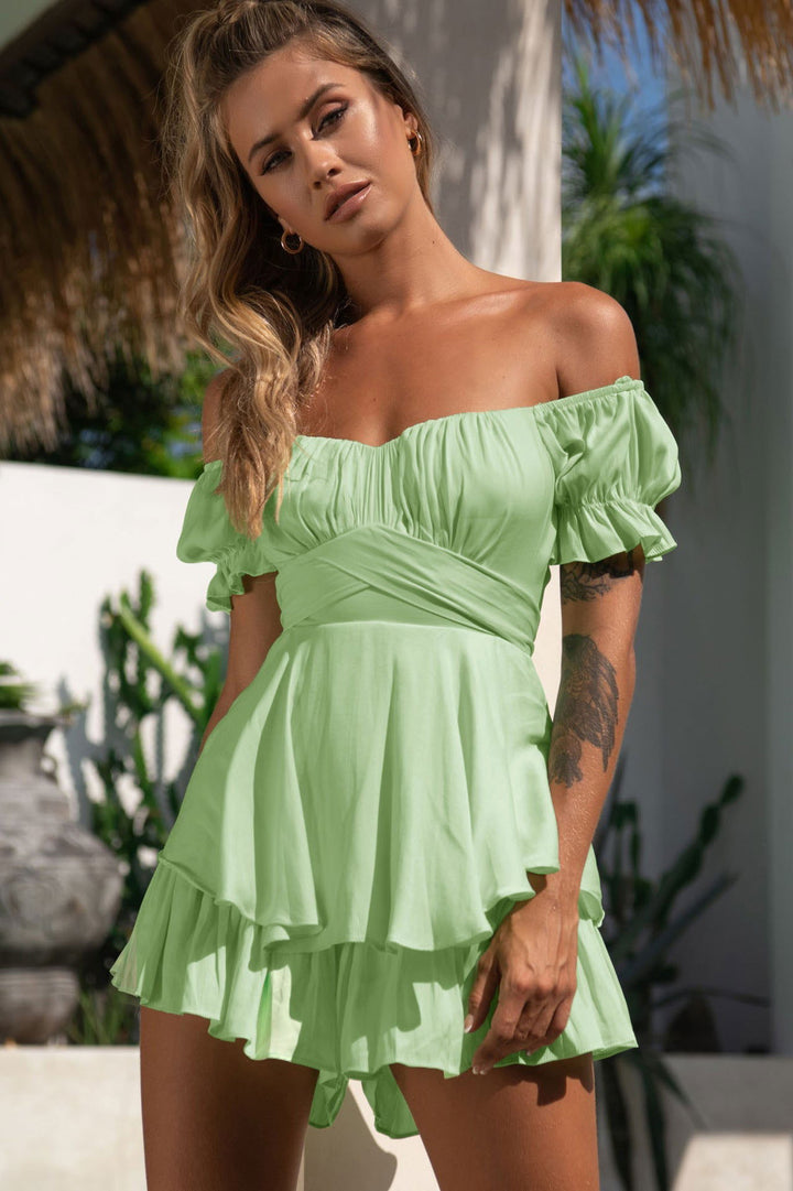 Puff Ruffled Short Sleeve Off Shoulder Tiered Mini Rompers - Gen U Us Products -  