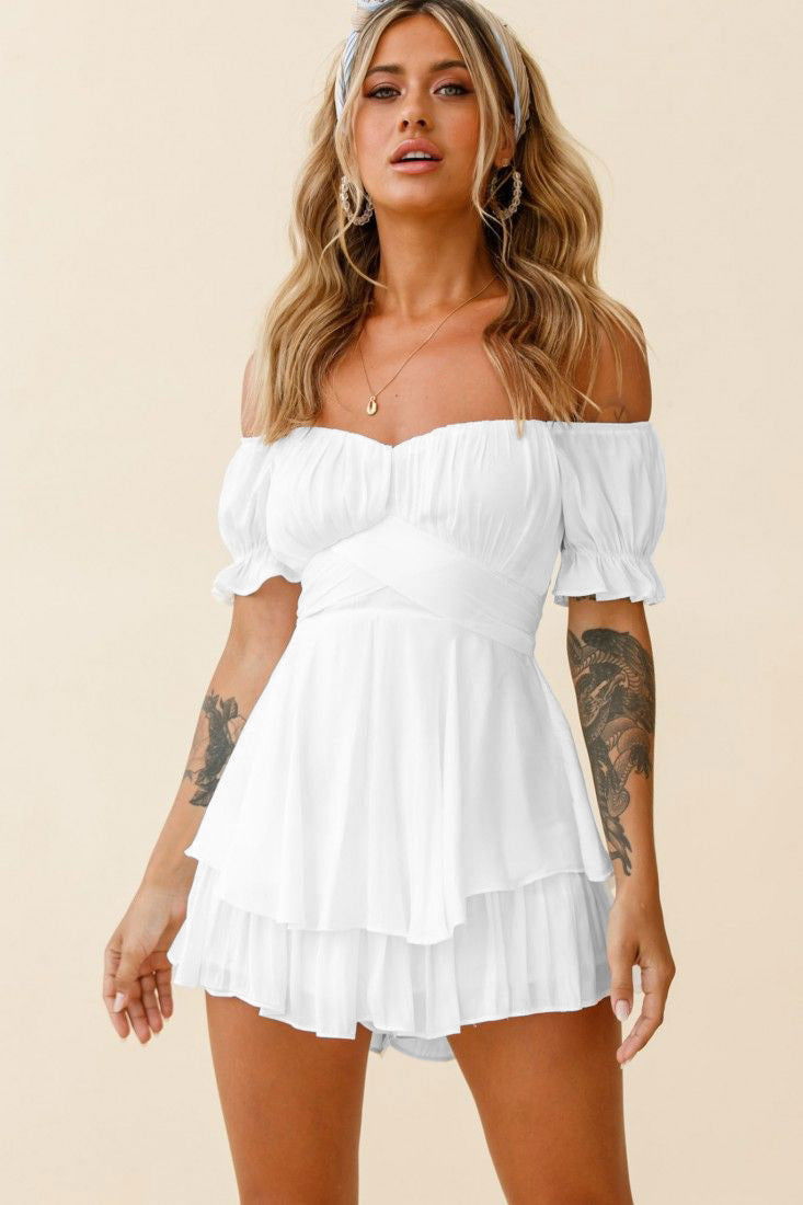 Puff Ruffled Short Sleeve Off Shoulder Tiered Mini Rompers - Gen U Us Products -  