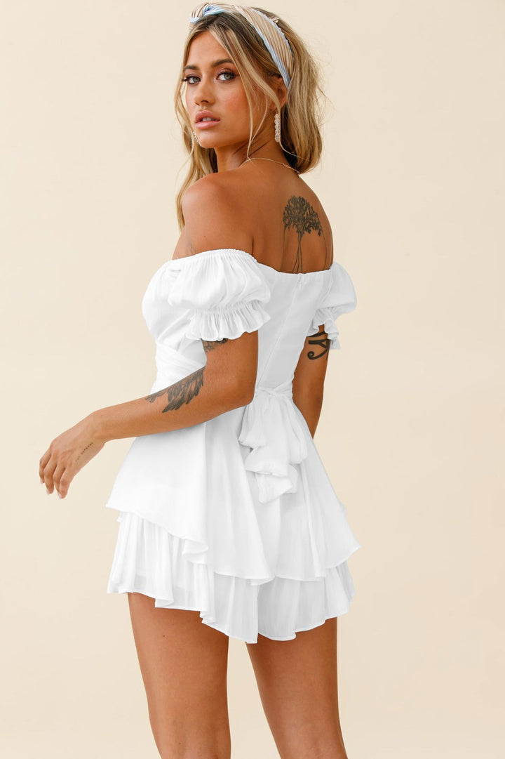 Puff Ruffled Short Sleeve Off Shoulder Tiered Mini Rompers - Gen U Us Products -  