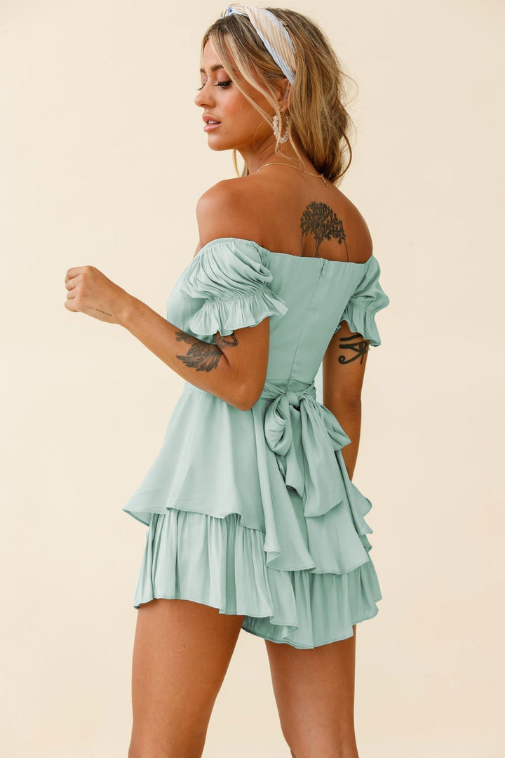 Puff Ruffled Short Sleeve Off Shoulder Tiered Mini Rompers - Gen U Us Products -  