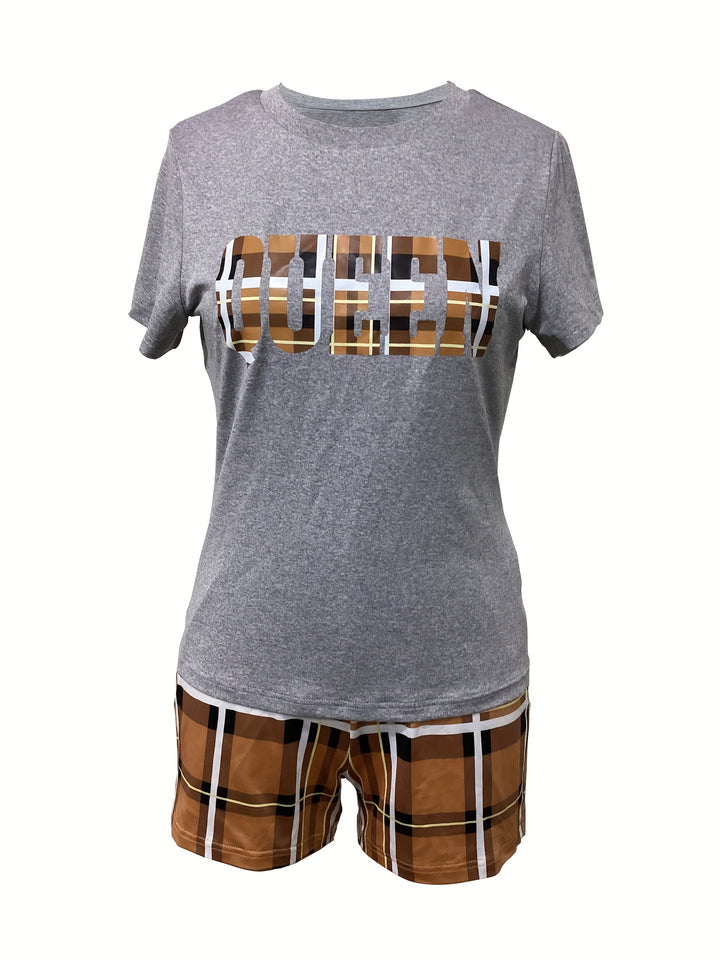Queen Letter Print Short Sleeve Tee and Plaid Mini Shorts Outfits - Gen U Us Products
