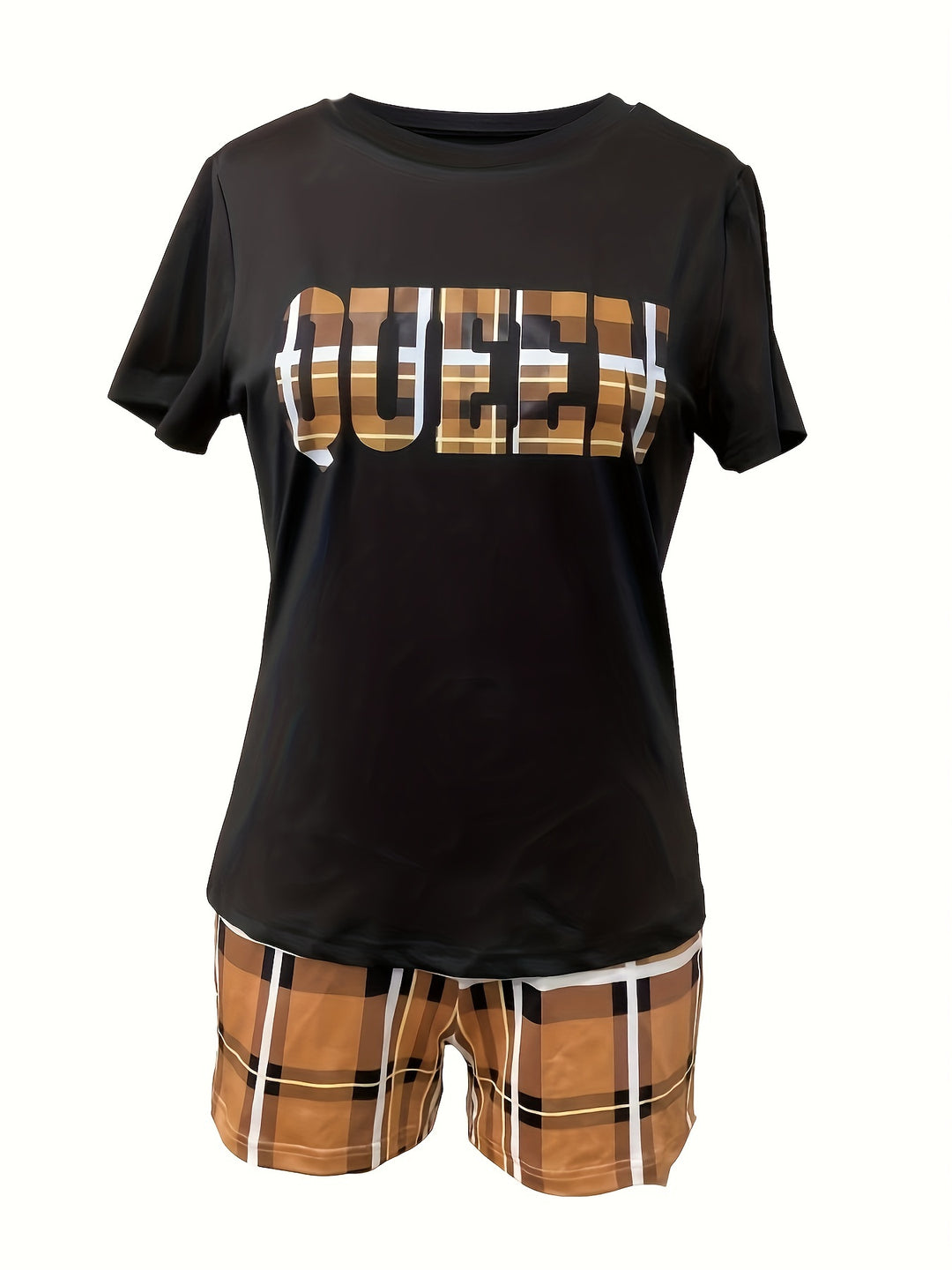 Queen Letter Print Short Sleeve Tee and Plaid Mini Shorts Outfits - Gen U Us Products