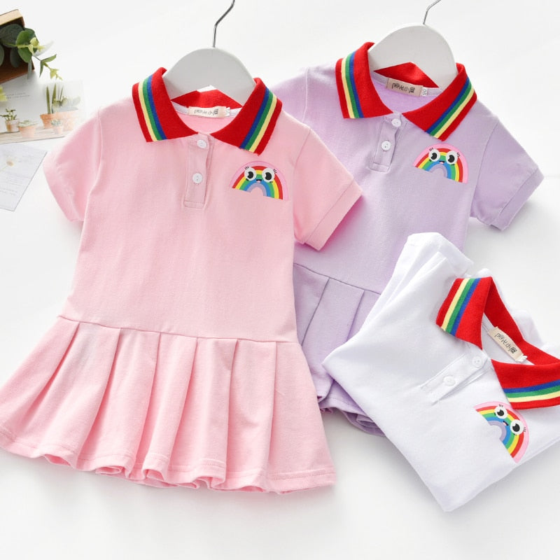 Rainbow Stripe Polo Collar Dresses with Majestic Bunny Motif 
