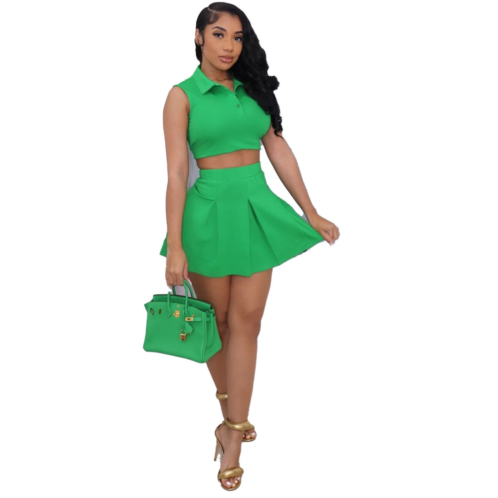 Ravishing Sleeveless Polo Collared Button Crop Top and Mini Skirts - Gen U Us Products