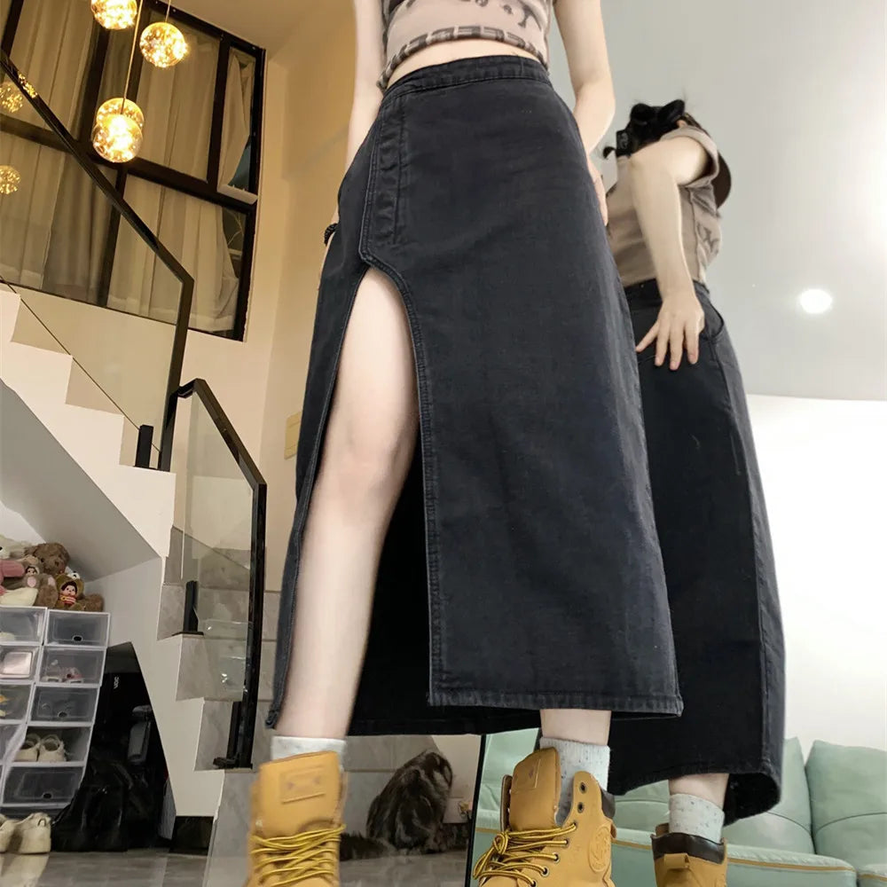 Retro Y2K High Lengthy Side Split Long Denim Skirts - Gen U Us Products