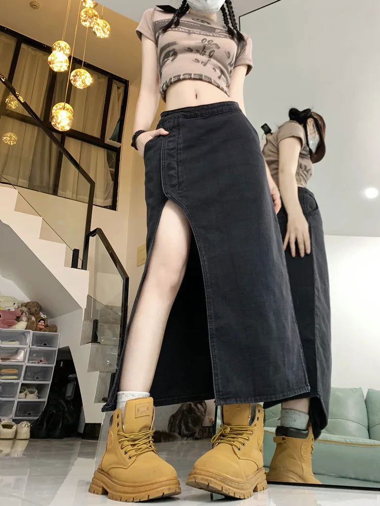 Retro Y2K High Lengthy Side Split Long Denim Skirts - Gen U Us Products -  