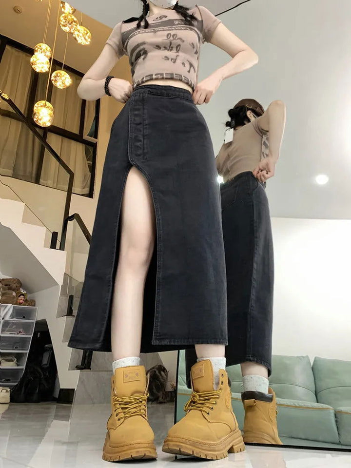 Retro Y2K High Lengthy Side Split Long Denim Skirts - Gen U Us Products -  