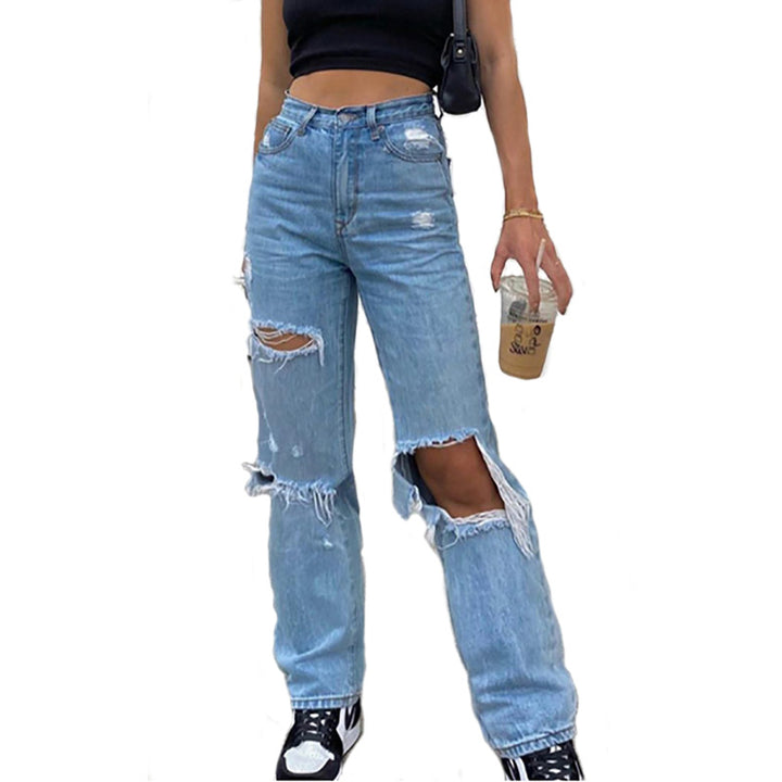 Ripped High Waist Baggy Straight Leg Blue Denim Jeans - Gen U Us Products