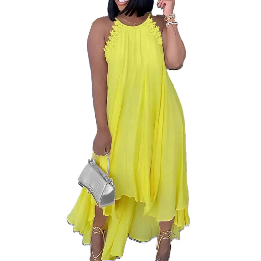 Ruffle Lace Trim Sleeveless Loose Irregular Dresses - Gen U Us Products