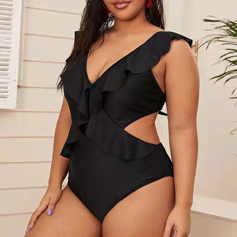 Black one-piece swimsuit with ruffled V-neck and side cut-out