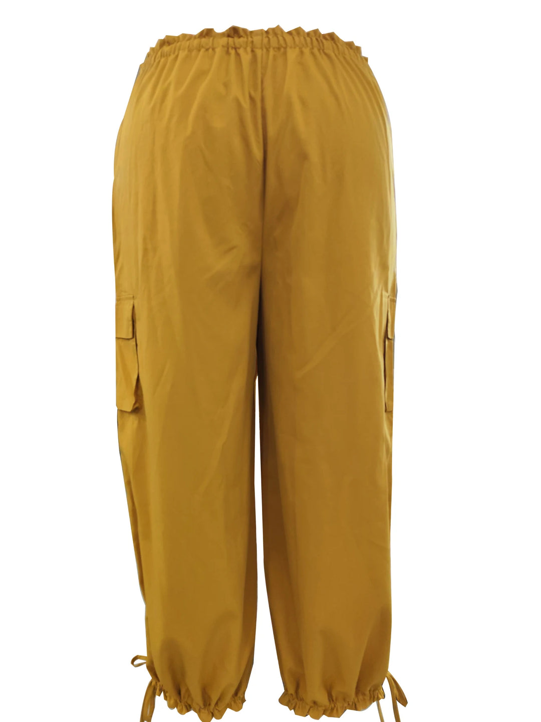 Back view of ginger yellow cargo lantern pants with gathered drawstring cuffs