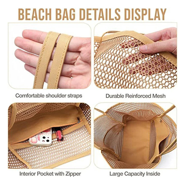 Mesh tote close-up: reinforced net fabric with interior zipper pocket