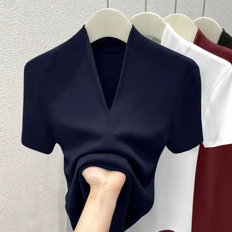 Navy blue slim-fit V-neck women’s summer top, short sleeves with clean V neckline