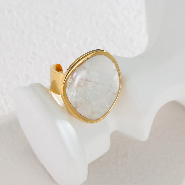 Gold open ring with oval opal-like mother-of-pearl inlay, split band, resizable