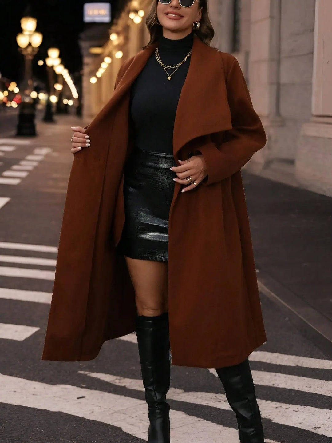 Women's brown wool-blend trench coat with front button closure and long sleeves