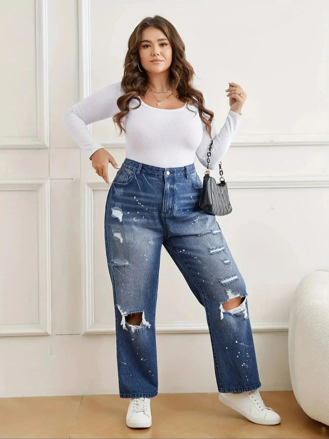 Destroyed Ripped Hole Zipper-fly Plus Size Denim Jeans