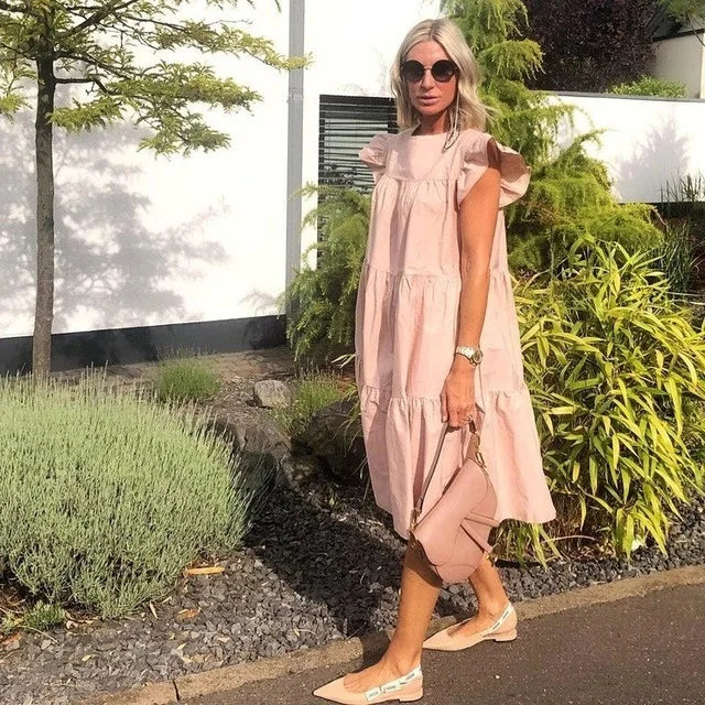 Flowy ruffle midi dress, light pink tiered skirt with puff sleeves