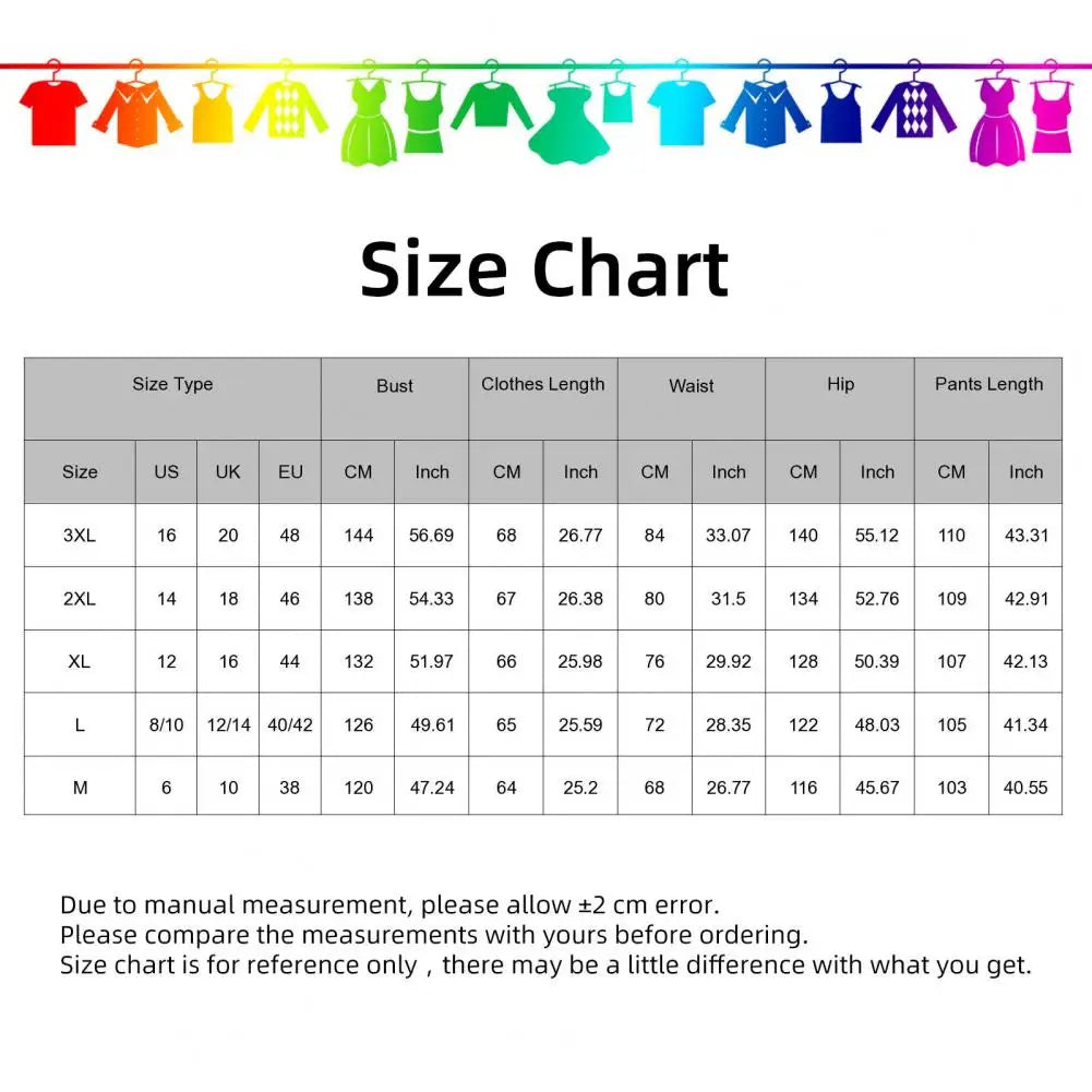 Size chart table with measurements for bust, waist, hip, and pants length