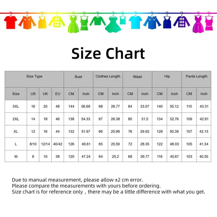 Size chart table with measurements for bust, waist, hip, and pants length