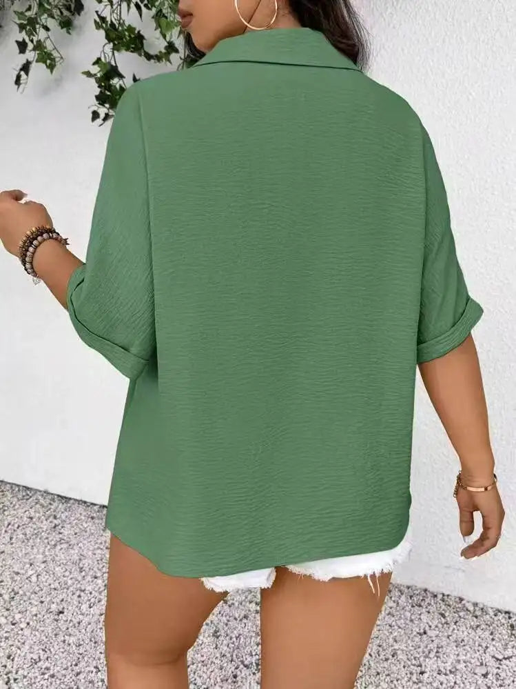 Dollish Collar Button-Up Loose Puff Hem Half Sleeve Plus Size Women's Shirts | Bold Flattering Fit
