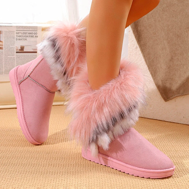 Women’s mid-calf slip-on winter boots, pink suede with long fluffy fur trim and grippy sole