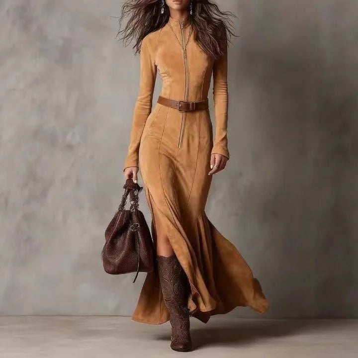 Tan fleece cheongsam maxi dress with front zipper, belt, and side slit