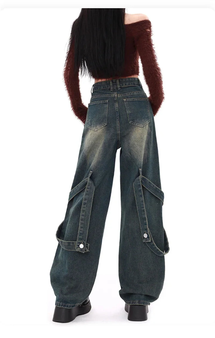 Washed Denim Ripped Baggy Cargo Low-waist Jeans