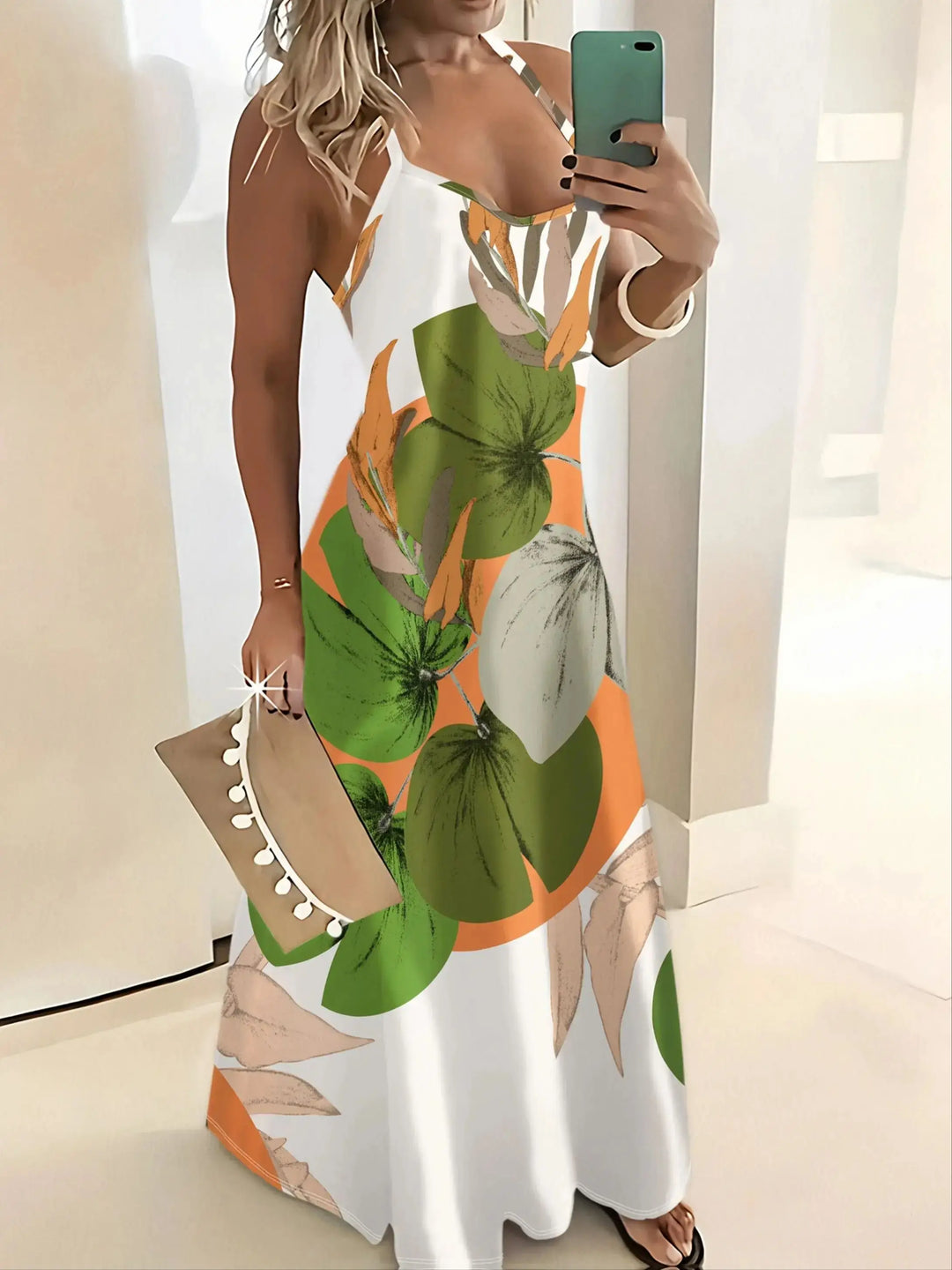 Vestido maxi con estampado abstracto multicolor y falda larga con vuelo