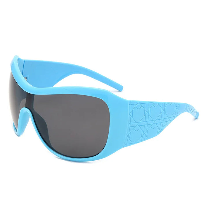 Blue sunglasses with dark lenses on a white background