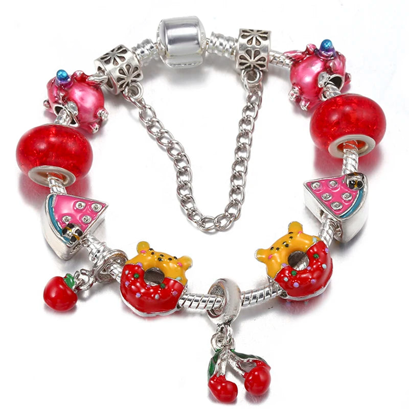 Silver charm bracelet with red bead hearts, pizza slice and cat charms, and cherry beads