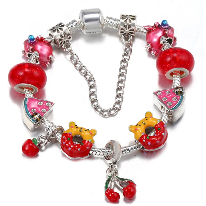 Silver charm bracelet with red bead hearts, pizza slice and cat charms, and cherry beads