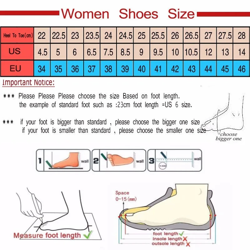 Shoe size chart for women with measurements in centimeters and both US and EU systems, including important notices and illustrations on measuring foot length.