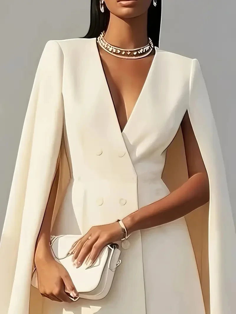 Beige tailored double-breasted shawl cloak dress suit, front view