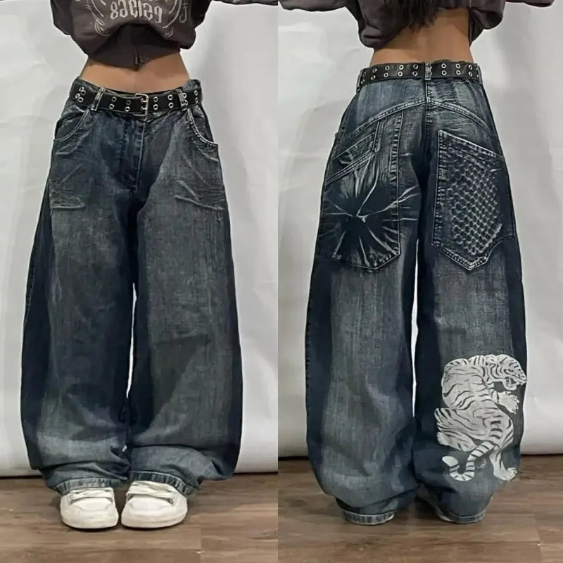 Washed Denim Baggy Button-fly Cargo Low Waist Jeans