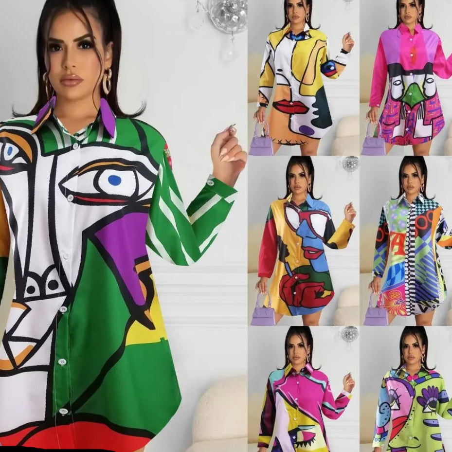 Woman wearing a colorful dress with abstract patterns, surrounded by smaller images of the same dress in different colors.