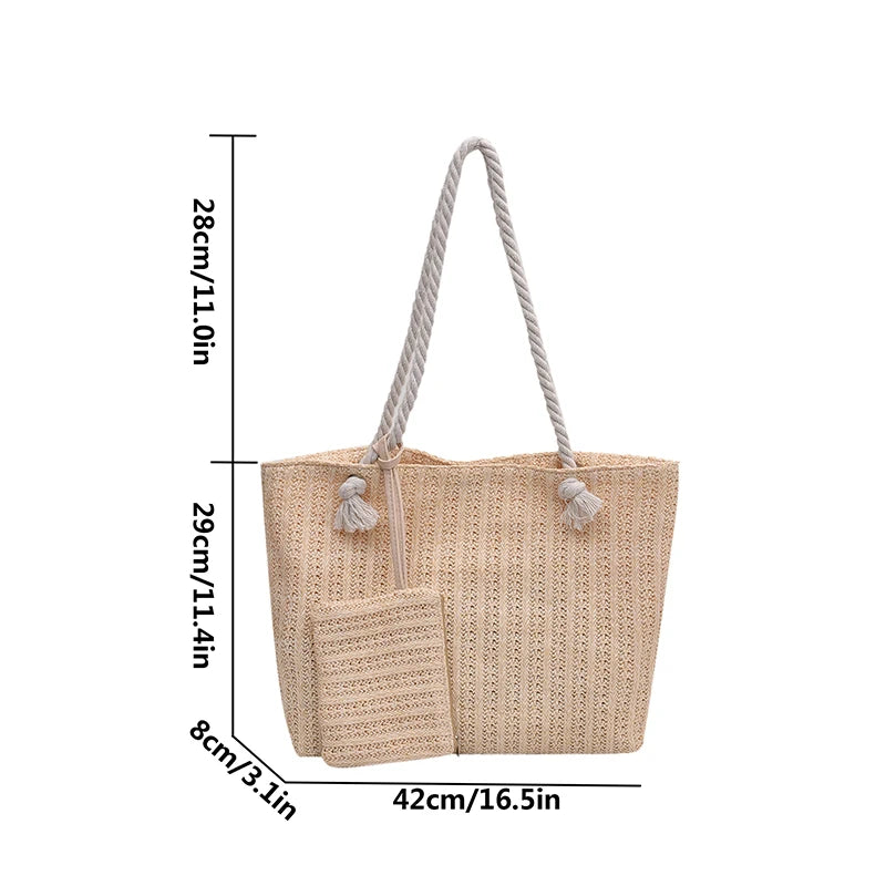 Woven handbag with rope handles and dimensions on a white background