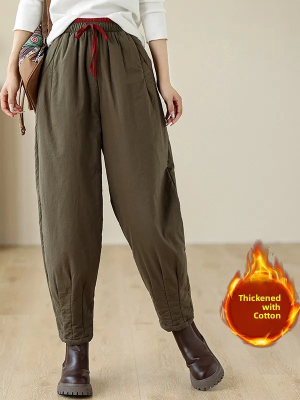Women's Plus Size Green Harem Pants With High Waist And Red Drawstring, Front View