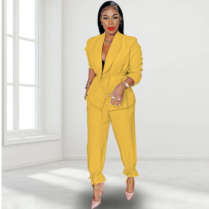 Professional Belted Blazer & Tapered Tie Up Ankle Pants Suits