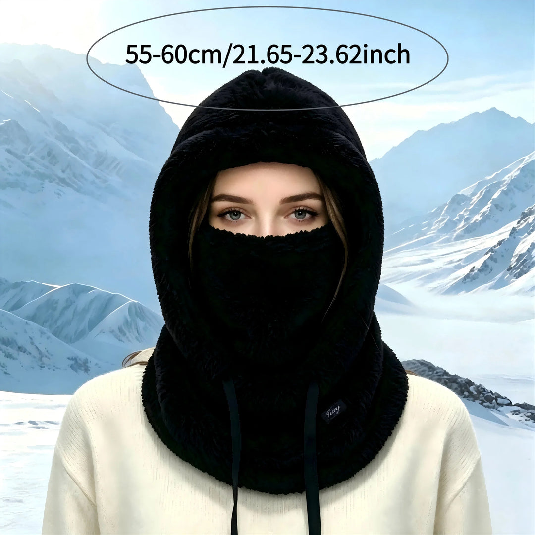 Black plush windproof hood beanie with face cover and drawstring chin strap