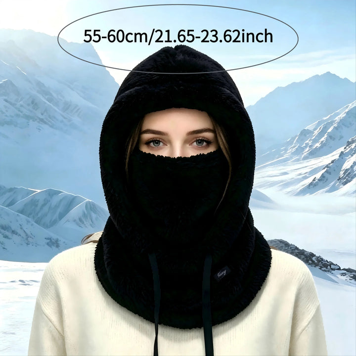 Black plush windproof hood beanie with face cover and drawstring chin strap