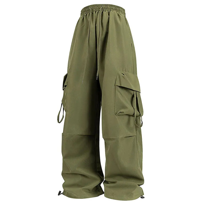 Olivgrüne Damen-Cargohose mit Taschen und weiten Beinen