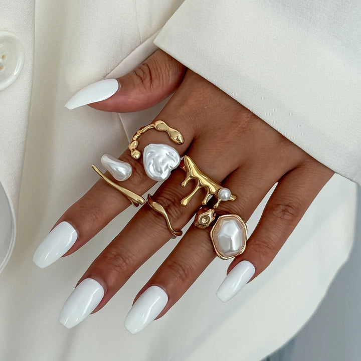 Women's open geometric pearl rings with gold-tone frames and white faux pearls